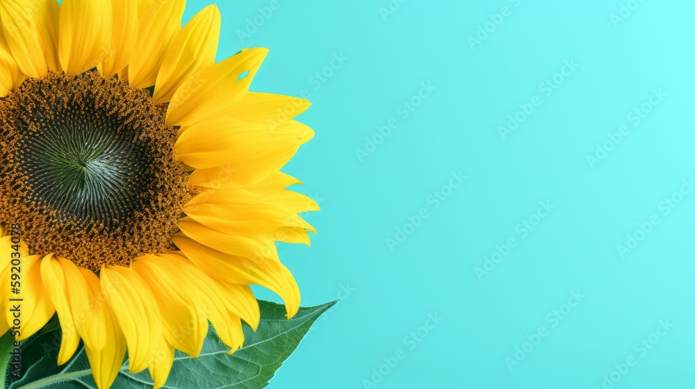 A close - up of a vibrant sunflower in full bloom, with a vast space below for text, set against a pastel background that captures the essence of summer's natural beauty. Generative ai.