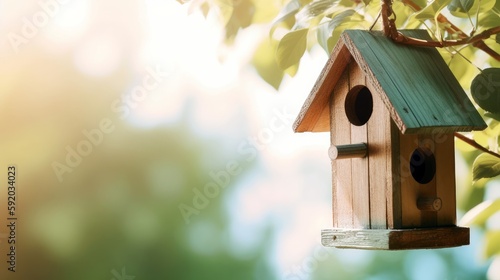A charming birdhouse nestled among tree branches, with a generous space below for text, accompanied by a pastel background that reflects the serenity and beauty of nature. Generative ai.