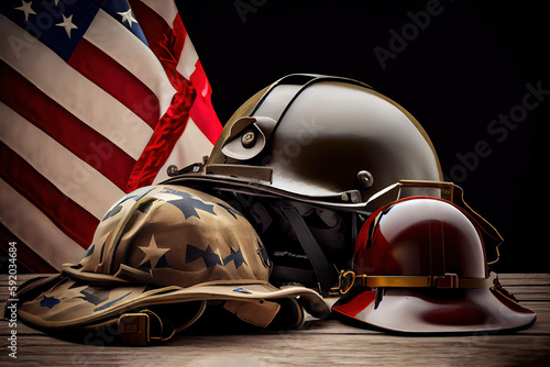 Happy labor day, Military helmets and american flag on veterans . Generative Ai
