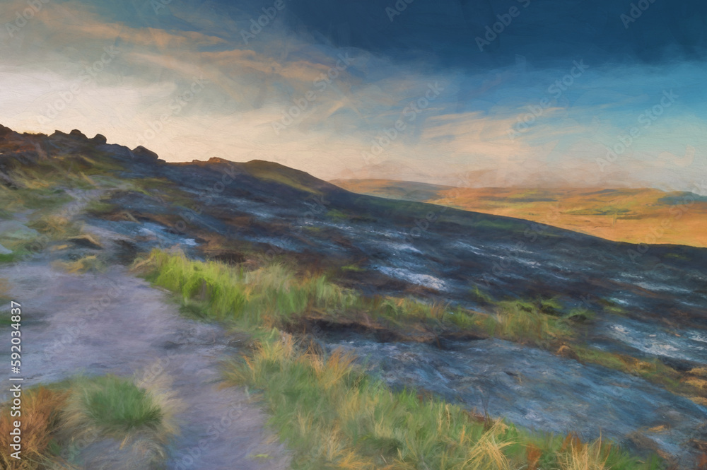 Digital painting of the scorched landscape of The Roaches after a wildfire.
