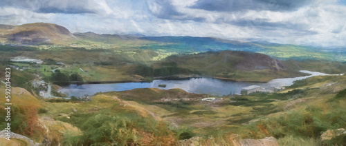 Digital painting of Tanygrisiau reservoir panorama at Blaenau Ffestiniog