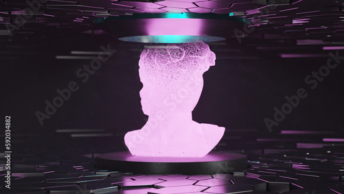 3d rendering of a fantastic studio with chaotic metal hexagons and a pedestal. A statue appears on the pedestal, a sculpture of the head of David. A fantastic idea of 3D printing, quantum technologies