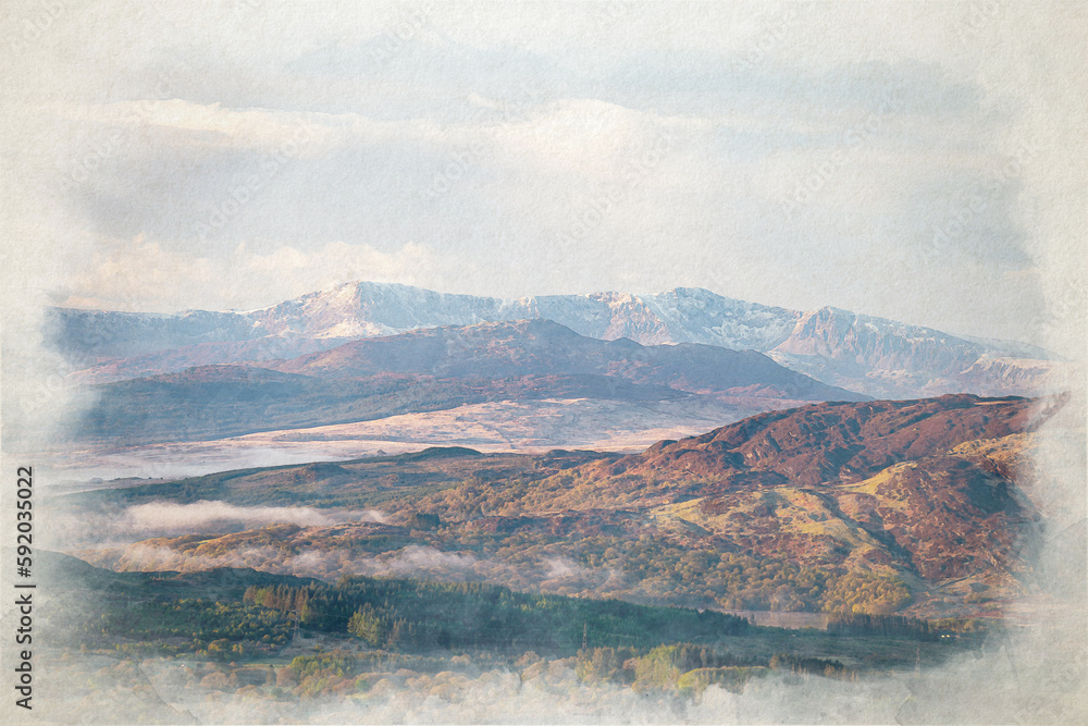 A digital watercolour sunrise painting of Cadair Idris.