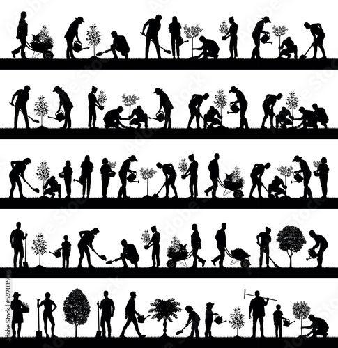 Group of people gardening various poses silhouette set collection. People planting trees outdoor different poses silhouette set.