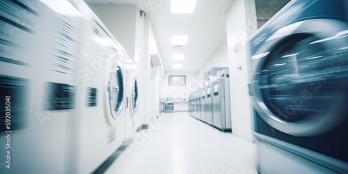 Blurred Row of industrial laundry machines in laundromat.	