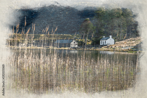 Cwmorthin slate mine digital watercolor painting. photo