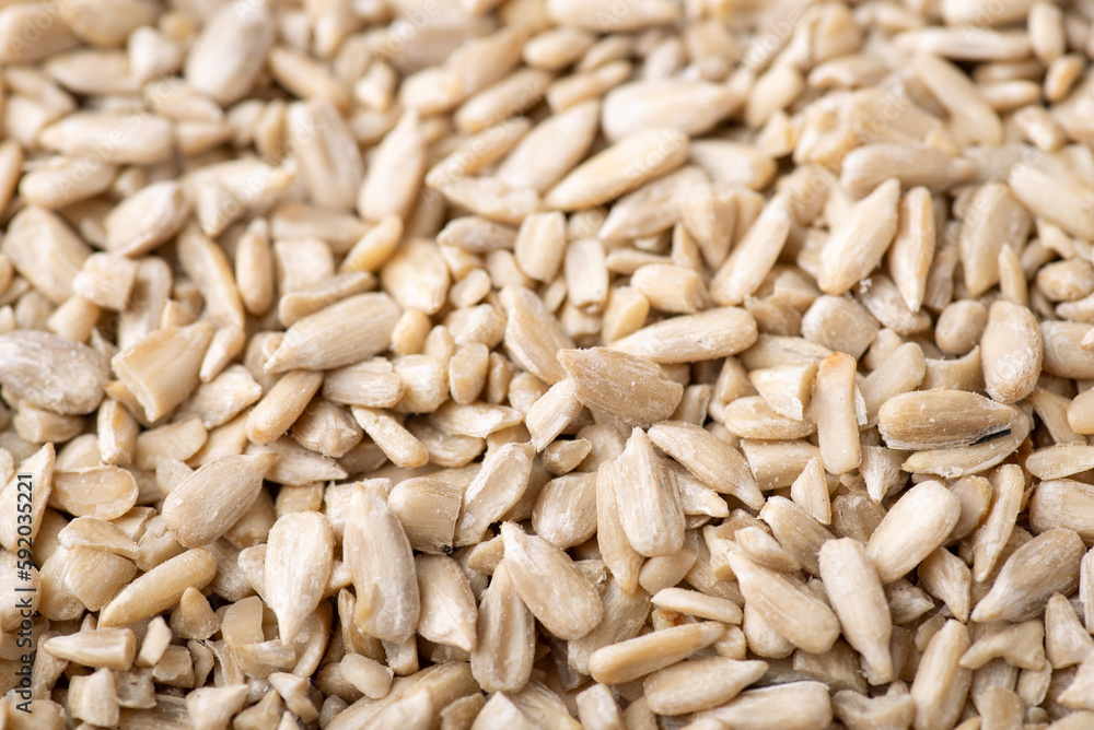 Close up peeled sunflower grain. Fresh harvested sunflower seeds Close up peeled sunflower grain. Fresh harvested sunflower seeds
