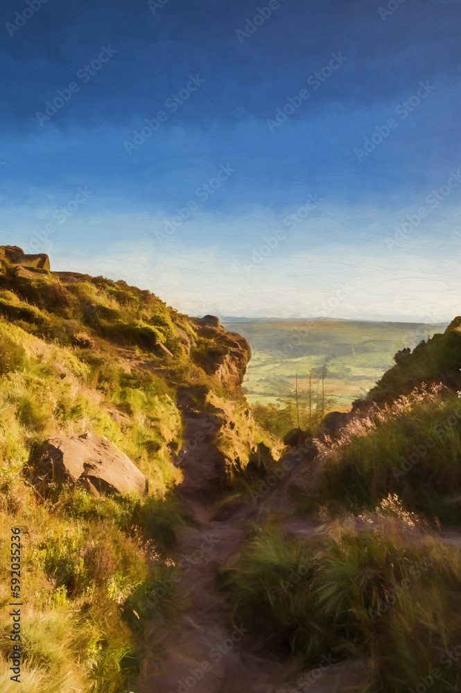 Digital painting of a panoramic view from The Roaches at sunset in the Peak District National Park.