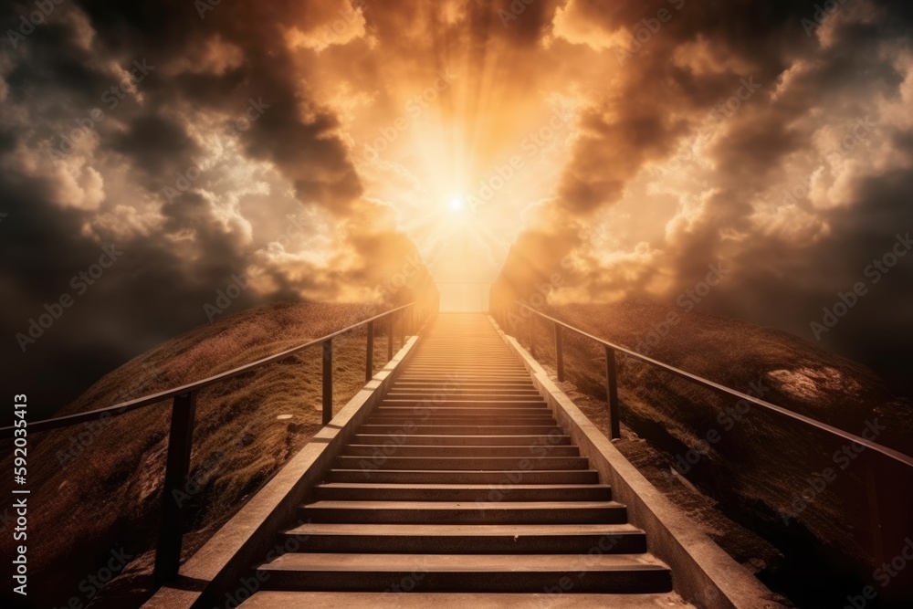 Fototapeta premium ascending stairs to the sun. bright heavenly light background Generative AI