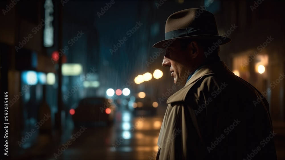 Detective turned back to us in foreground with a complete view on Generative AI Detective turned back to us in foreground with a complete view on Generative AI