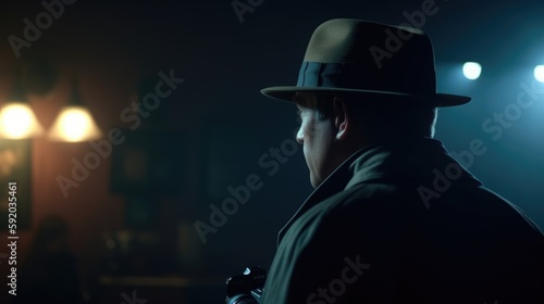 Detective turned back to us in foreground with a complete view on Generative AI © FryArt Studio