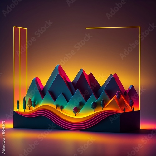 landscape with mountains in a tank  using a neon color pallet  3d rendered. Created using Generative AI. 