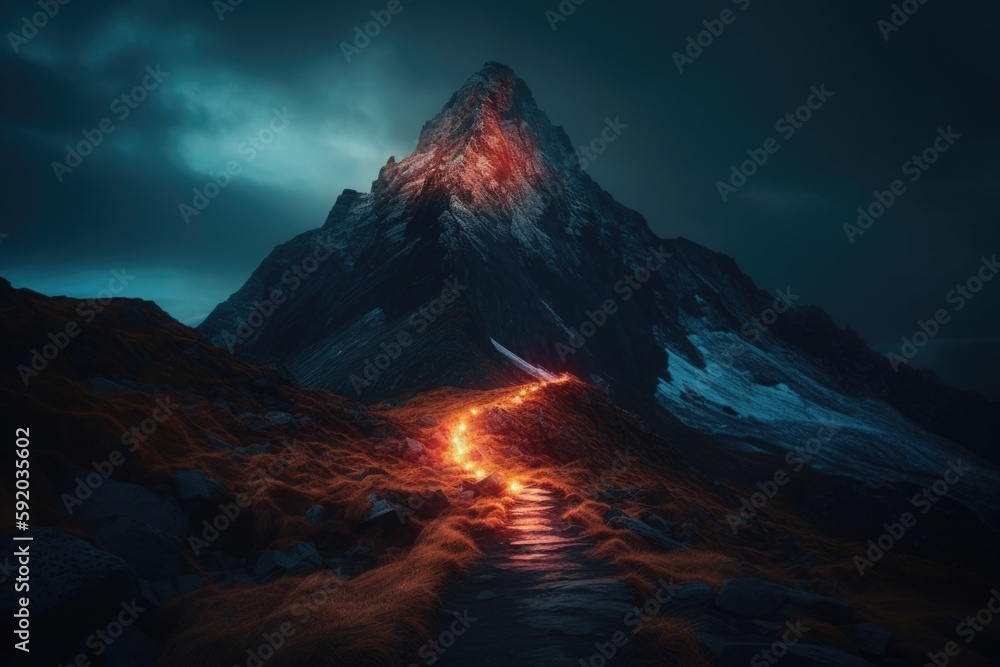 Fururistic mountain with glowing path to the top Generative AI