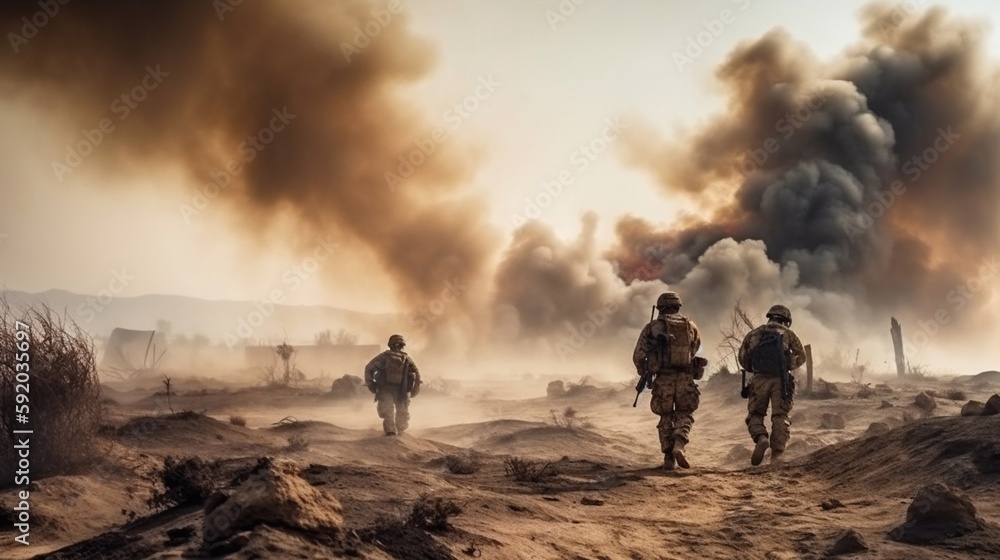 Special Forces cross a war zone through fire and smoke into the desert. Generative AI.