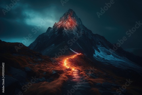 Fururistic mountain with glowing path to the top Generative AI