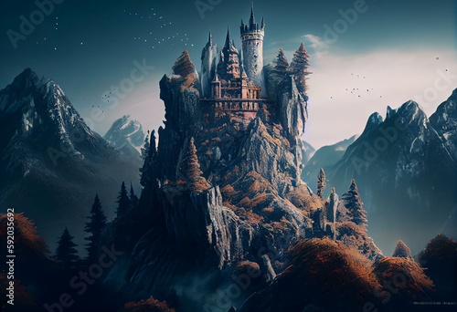 Fantasy castle on high mountain rock. Generative ai illustration in style of old painting