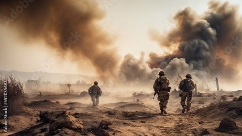 Special Forces cross a war zone through fire and smoke into the desert. Generative AI.