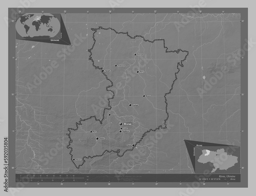 Fototapeta Naklejka Na Ścianę i Meble -  Rivne, Ukraine. Grayscale. Labelled points of cities