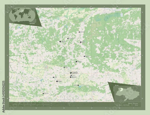 Fototapeta Naklejka Na Ścianę i Meble -  Rivne, Ukraine. OSM. Labelled points of cities