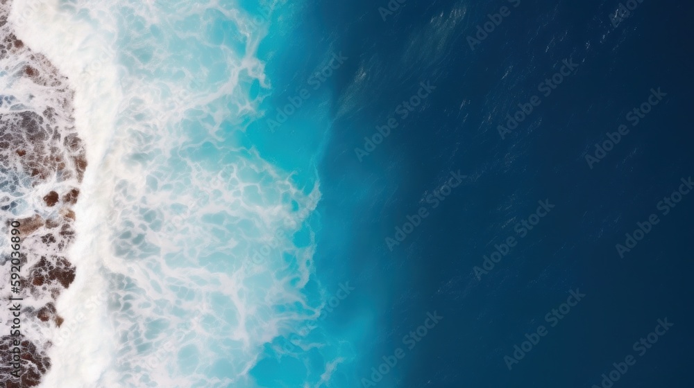 Sea water background. Blue ocean breeze texture. Wavy clear water surface, top view. White ripple sea foam pattern. Generative AI nature 
summer banner