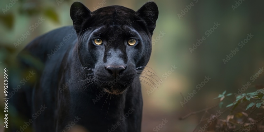 Wild black puma portrait. Panther look at camera. Big wild cat face. Jaguar in green forest. Generative AI animal