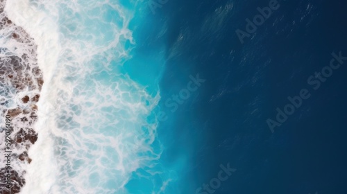 Sea water background. Blue ocean breeze texture. Wavy clear water surface, top view. White ripple sea foam pattern. Generative AI nature summer banner