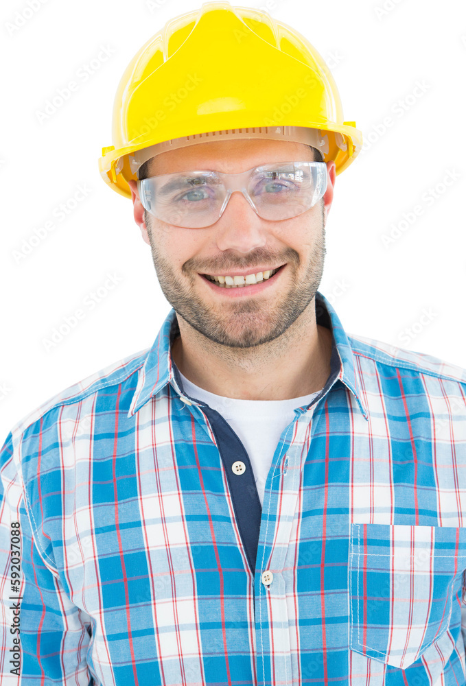 Confident repairman wearing protective glasses Confident repairman wearing protective glasses