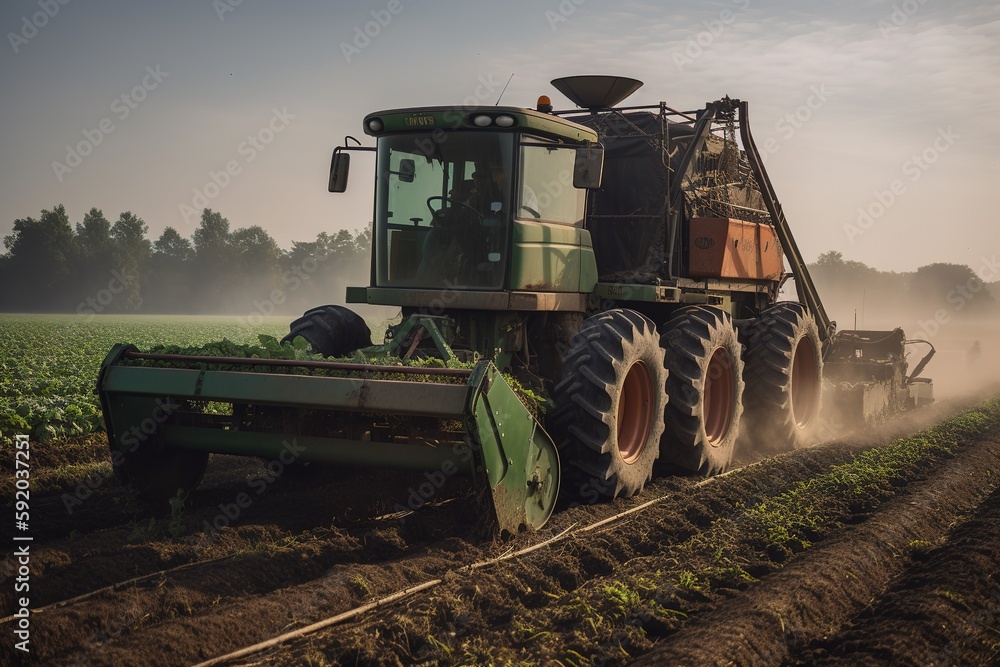 Fototapeta premium Capturing the process of harvesting vegetables with the help of machinery, set against a backdrop of neatly organized rows of crops on a picturesque farm. Generative AI