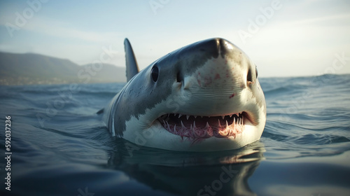 Great white shark angry face. Shark open jaws and attack. Big wild fish mouth. Ocean predator jump above water generative by AI © SD Danver