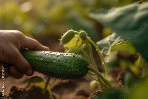 A detailed, shot of a specific vegetable being harvested, such as a cucumber being gently picked from unearthed from the soil. Generative
