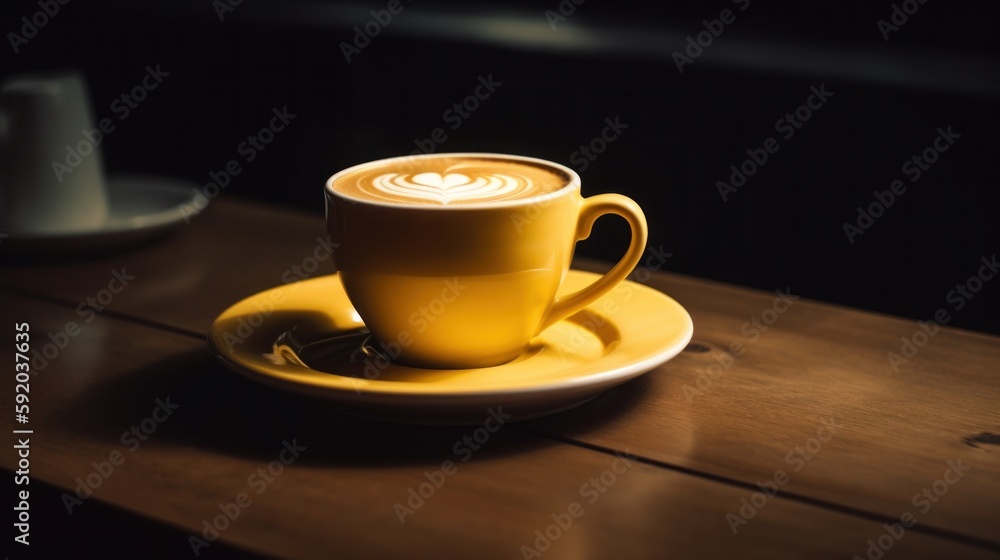 Evening coffee in yellow mug. Latte art cappuccino banner. Hot drink in cozy cafe. Generative AI image