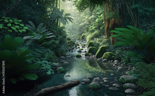 Creek in rain forrest  Southeast Asian rainforest with deep jungle 
