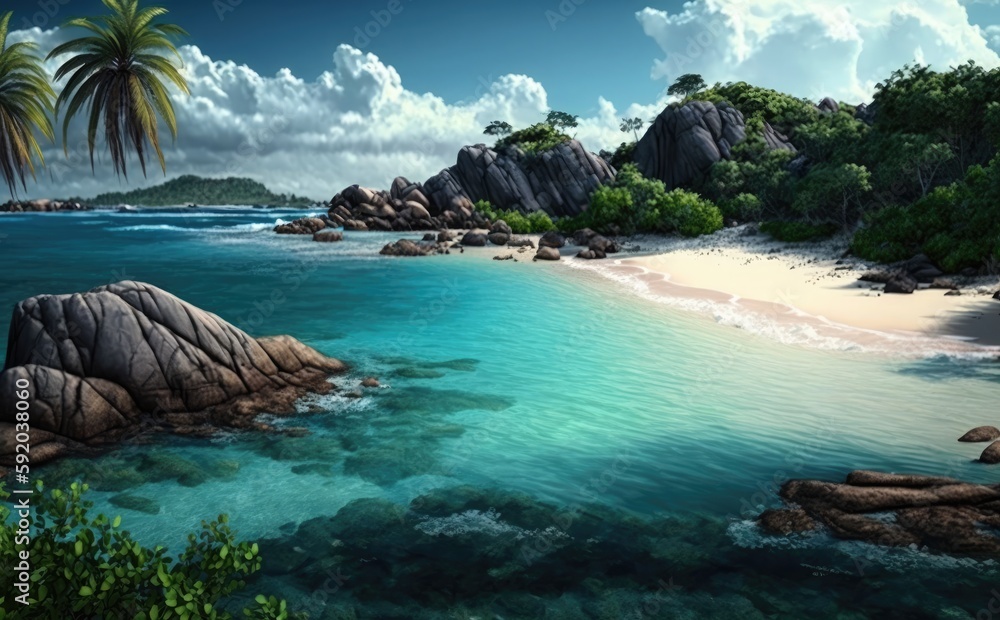 Fototapeta premium beach panorama, Palms on empty tropical sand beach, Summer tropical Beach, vacation background