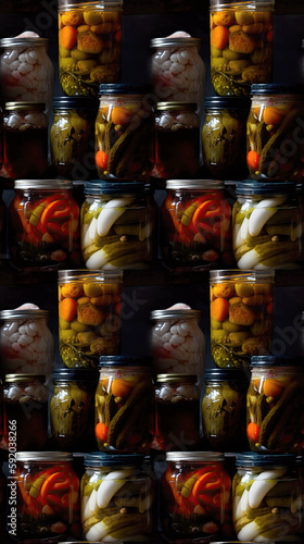 AI generated Jars with pickled vegetables in the kitchen. Preserved food