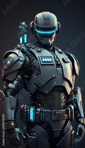 Ultra realistic 3d illustration of a policeman wearing a futuristic robot costume,generative ai