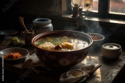 A warm, steaming bowl of hot and sour soup, wonton soup, featuring an array of flavors and ingredients, set in a cozy, atmospheric Chinese restaurant. Generative AI