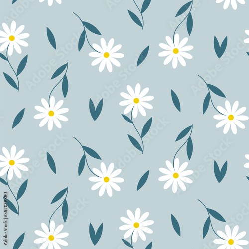 Seamless pattern of hand drawn retro style daisy flowers on isolated blue background. Design for springtime, Mother’s day, Easter celebration, scrapbooking, nursery decor, home decor, paper crafts.