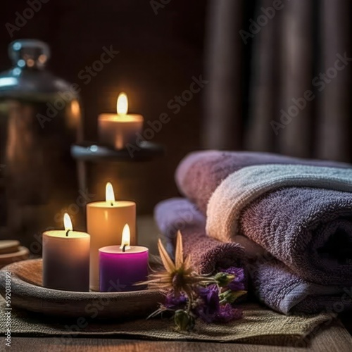 Spa Still Life with Candles for Cosmetic Beauty Spa Treatment. Aromatherapy body care therapy for women with candles for relaxation and wellness.Generative AI