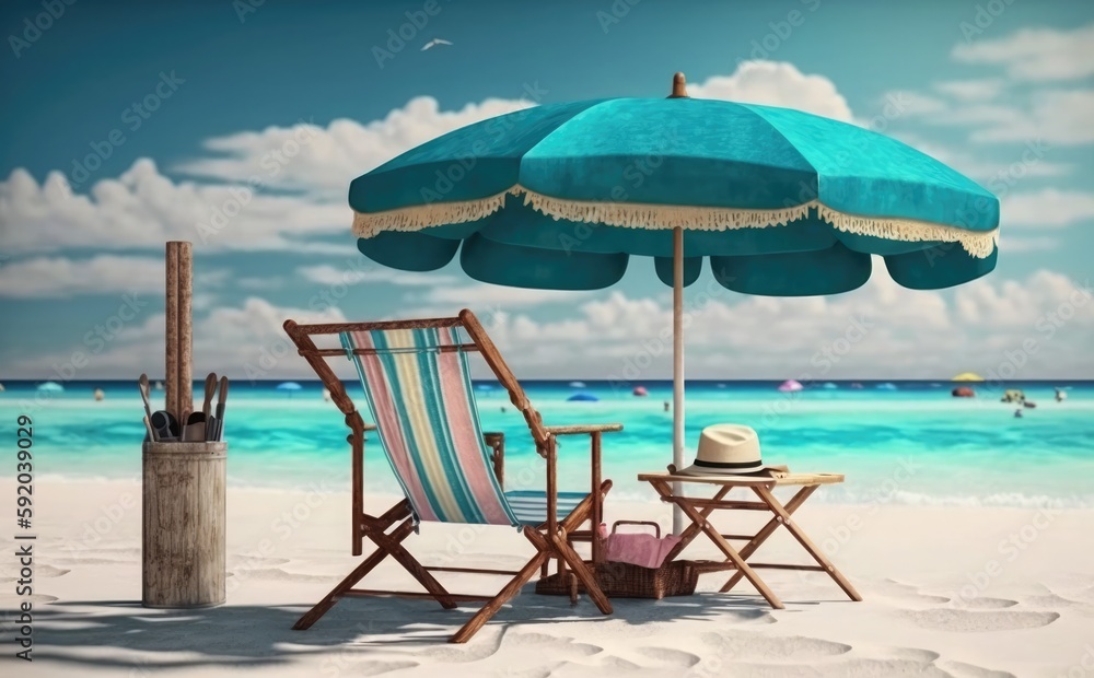 Beautiful beach banner, Beach chair and umbrella on sand beach, Amazing beach landscape