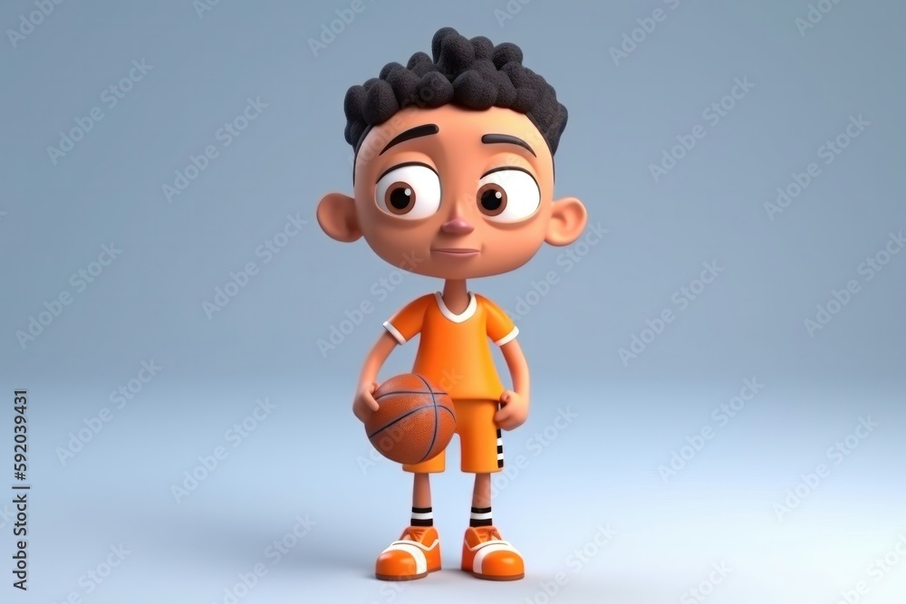 3D cartoon cute basketball player kid. Generative AI