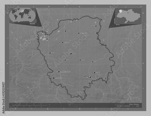 Volyn, Ukraine. Grayscale. Labelled points of cities photo