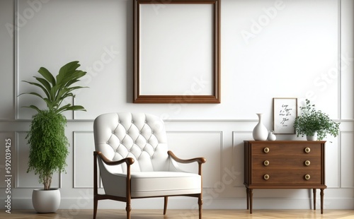 Empty picture frame mockup on a wall vertical frame mockup in modern minimalist interior with plant in trendy vase on wall background, Template for painting, photo or poster