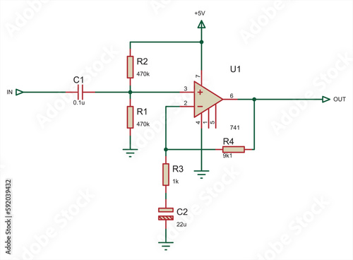 Schematic diagram of electronic device.
Vector drawing electrical circuit with operational amplifier,  resistor, capacitor and other electronic components.