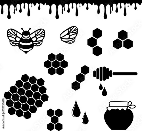Honey bundle. Bee dripping drops. Vector honeycomb.
