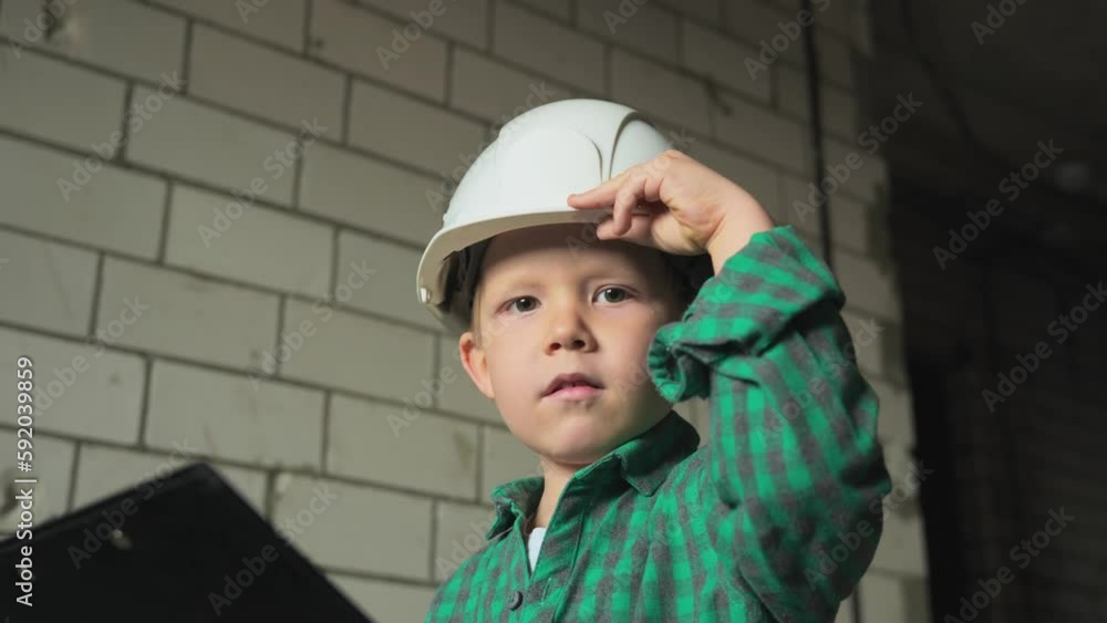 A 5 year old boy of generation Z looks into the camera and adjusts his helmet, looks like a professional construction foreman or construction supervisor. High quality 4k footage A 5 year old boy of generation Z looks into the camera and adjusts his helmet, looks like a professional construction foreman or construction supervisor. High quality 4k footage