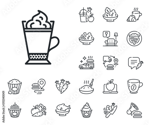 Hot drink sign. Crepe, sweet popcorn and salad outline icons. Latte coffee with Whipped cream icon. Beverage symbol. Latte coffee line sign. Pasta spaghetti, fresh juice icon. Supply chain. Vector © blankstock