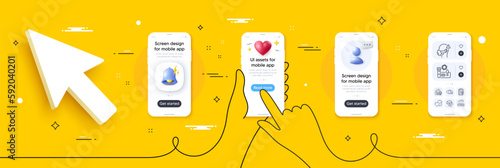 Cream, Medical mask and Farsightedness line icons pack. Phone screen mockup with 3d alert bell, health and headshot. Eye checklist, Blood, Vaccine announcement web icon. Vector