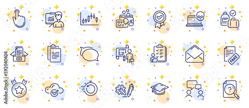 Outline set of Search document, Hand click and Mail line icons for web app. Include Inspect, Graduation cap, Candlestick graph pictogram icons. People chatting, Plan, Fast recovery signs. Vector