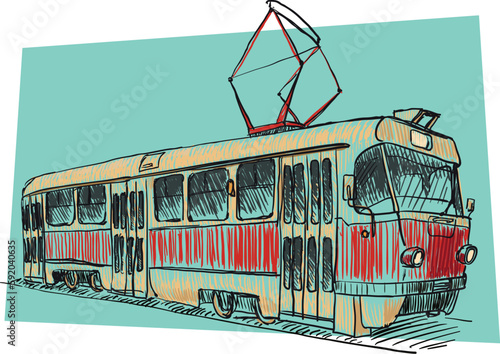 An old european ukrainian tram, hand drawn , sketch