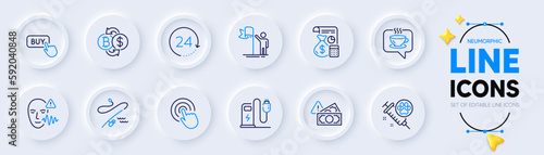 24 hours, Fishing rod and Coffee line icons for web app. Pack of Click, Dog vaccination, Leadership pictogram icons. Buy button, Voice wave, Accounting signs. Bitcoin exchange, Fraud. Vector